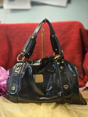 MCM Black/purple Patent Leather Satchel Tote Bag Purple Contrast Stitching